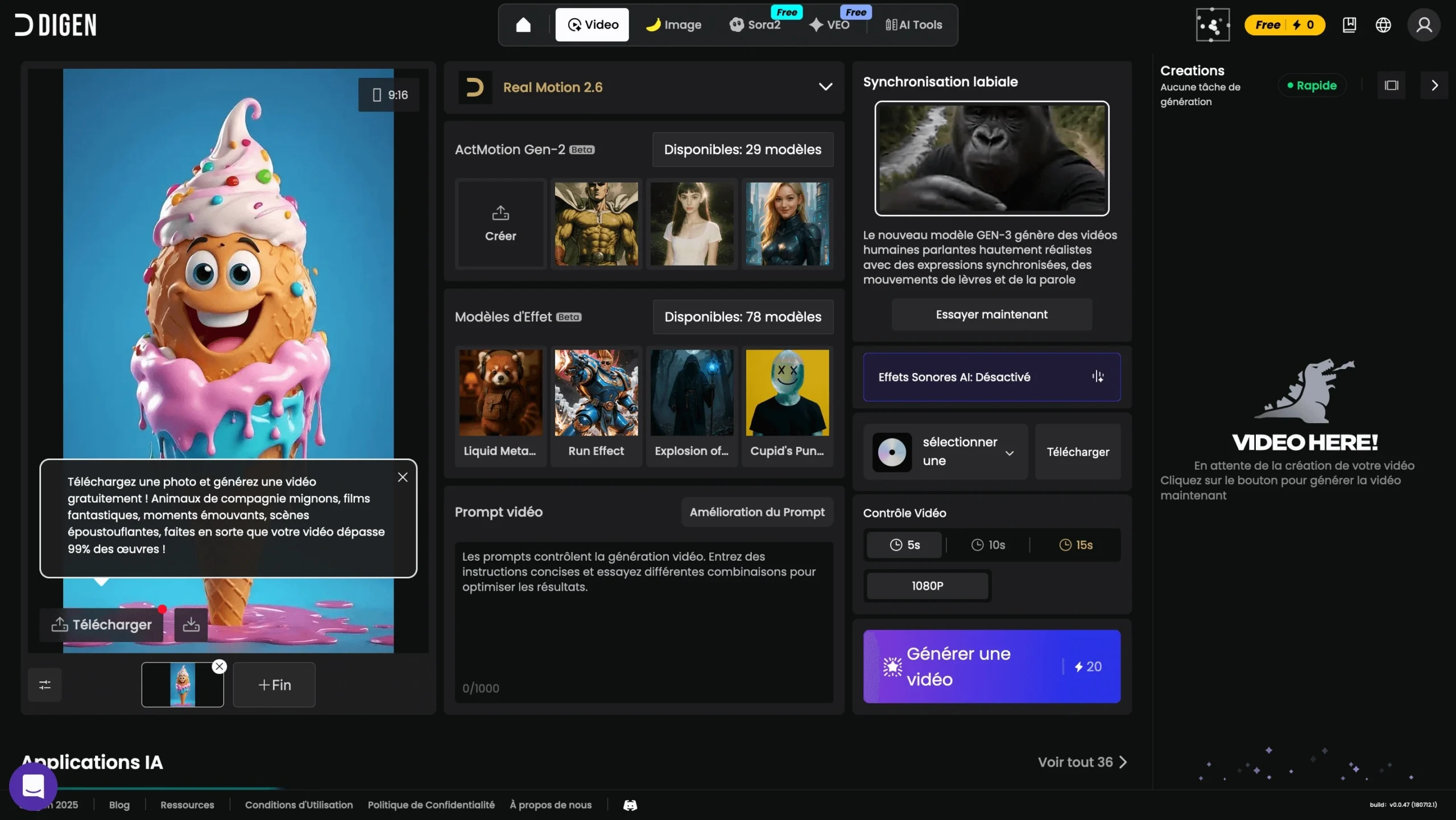 Interface de Digen AI image en vidéo
