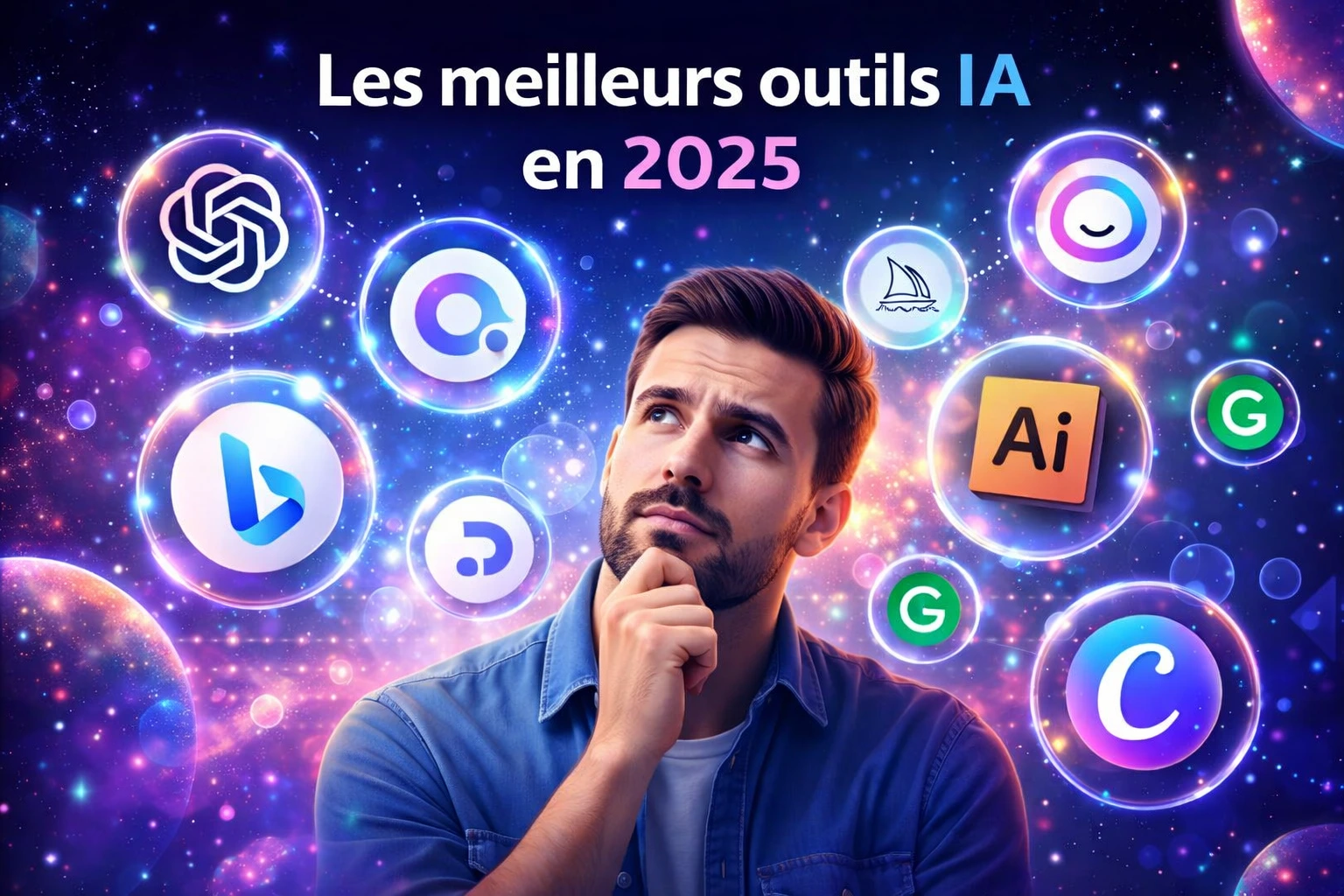Les meilleurs outils d’intelligence artificielle en 2025 classés par catégorie, illustration représentant les principaux outils d’IA