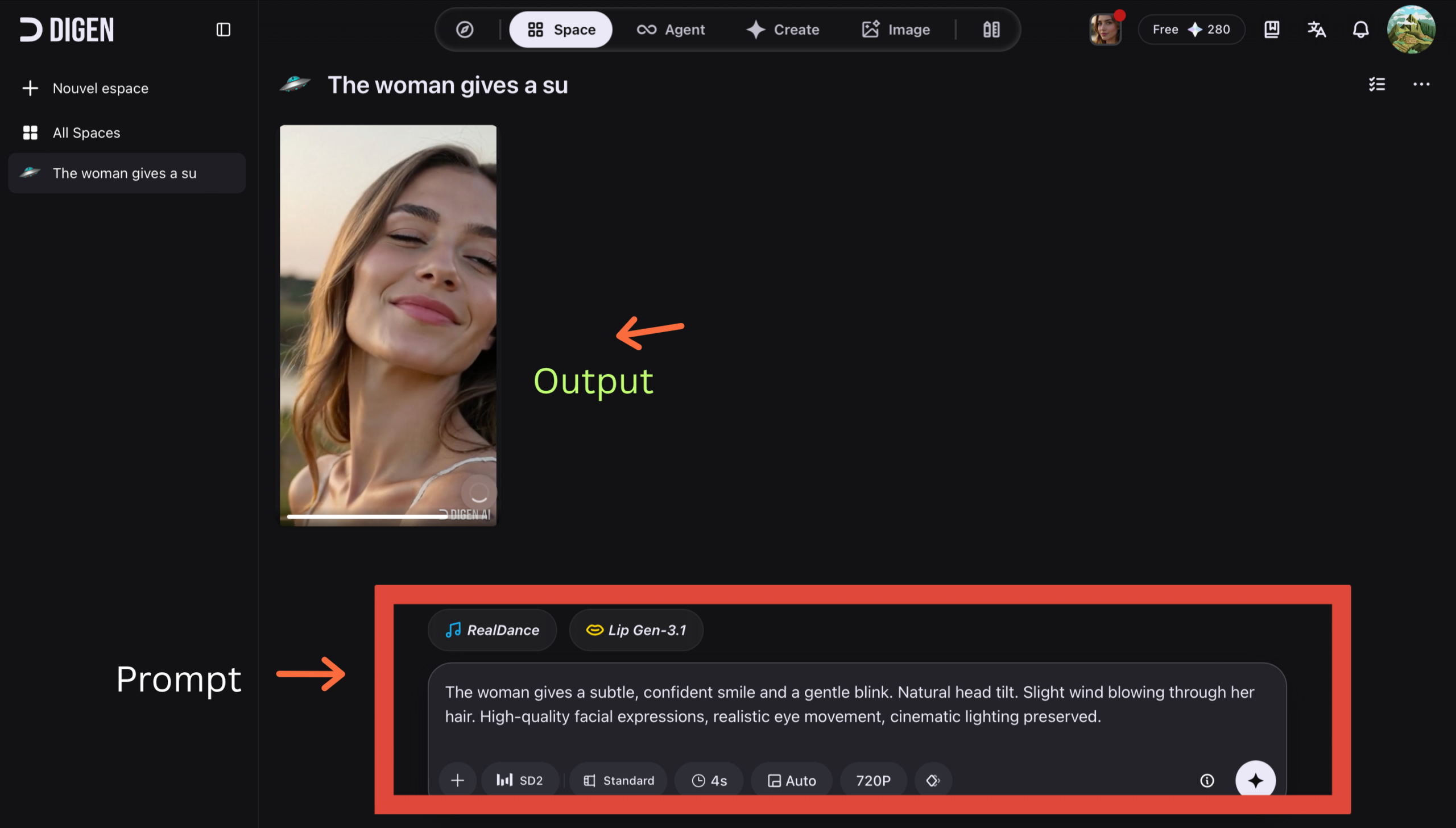Interface Digen AI : Test du prompt d'animation