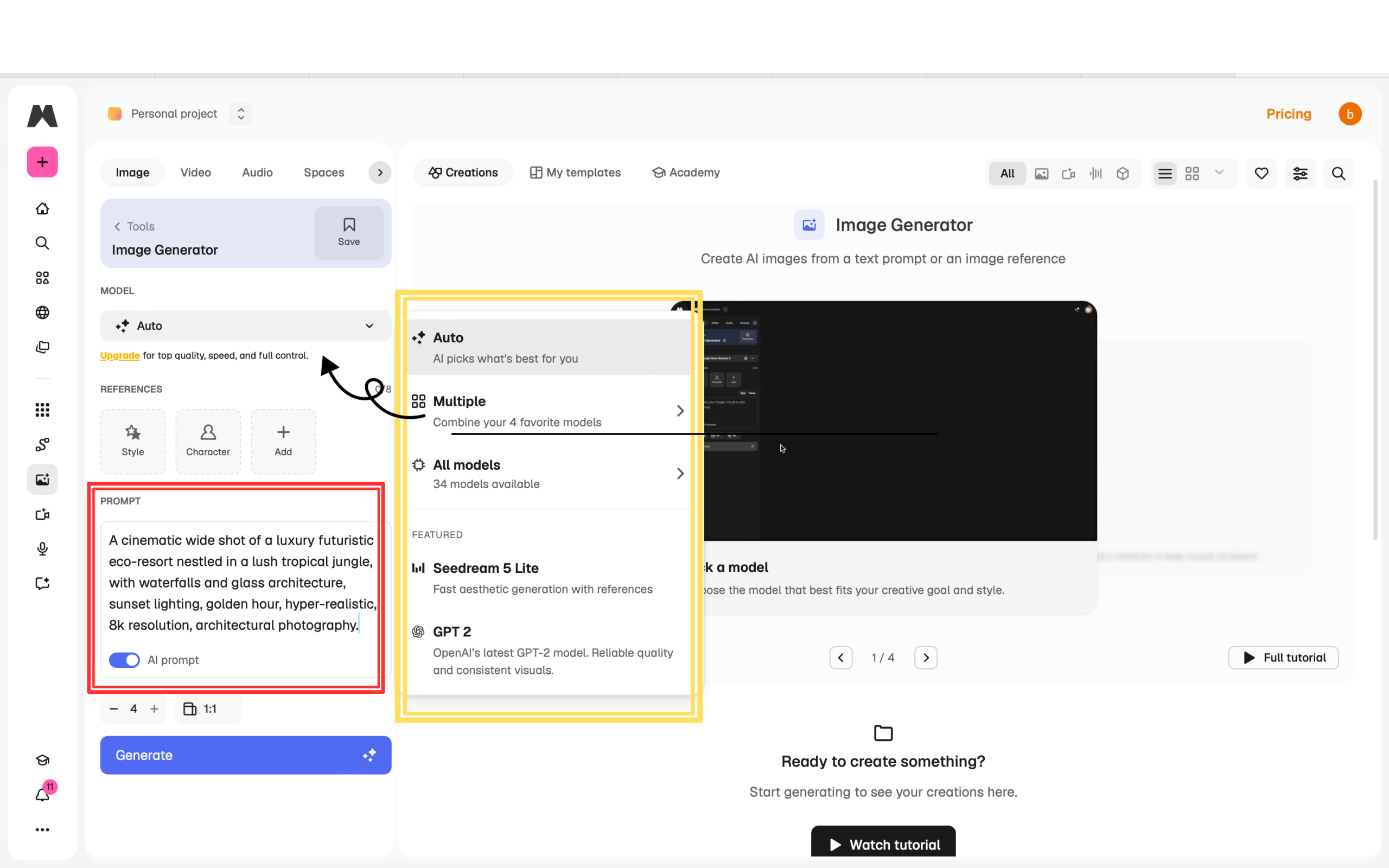 Interface Freepik : Sélection des modèles IA et saisie du prompt