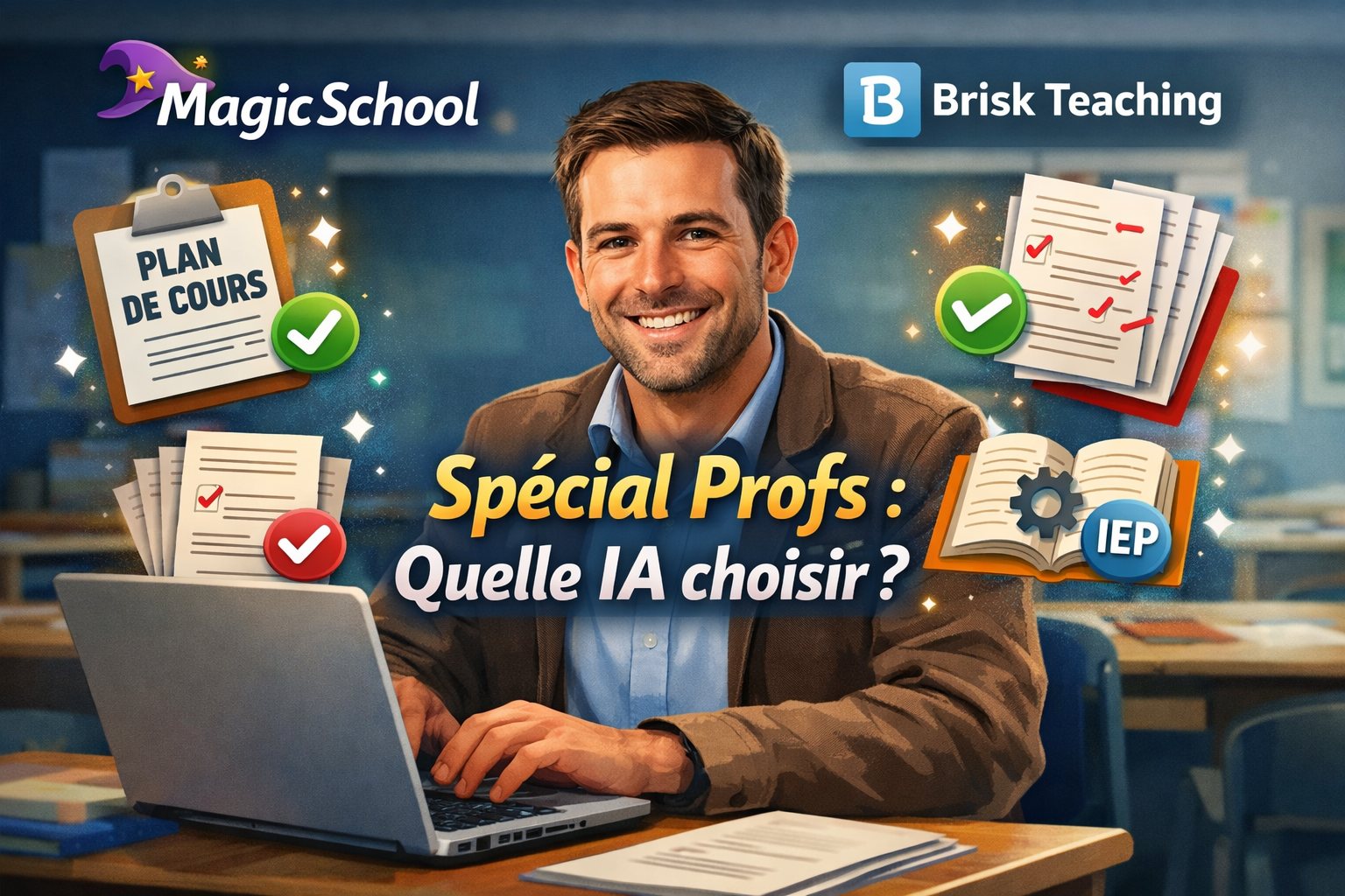 Illustration d'un enseignant souriant devant son ordinateur avec des icônes de plans de cours et de corrections automatiques flottantes, logos MagicSchool AI et Brisk Teaching, texte incrusté : 'Spécial Profs : Quelle IA choisir ?'