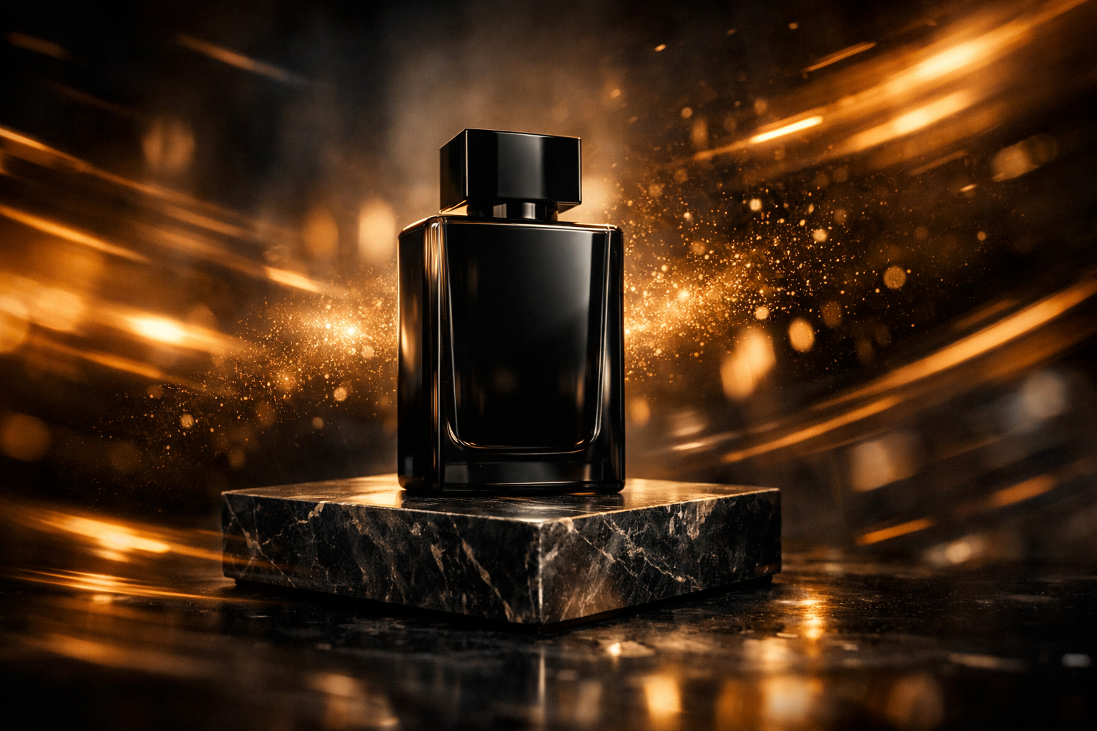 Flacon de parfum noir minimaliste sur marbre sombre avec mouvement dynamique et lens flares dorés, esthétique publicitaire de luxe 2026, workflow Freepik LensGo