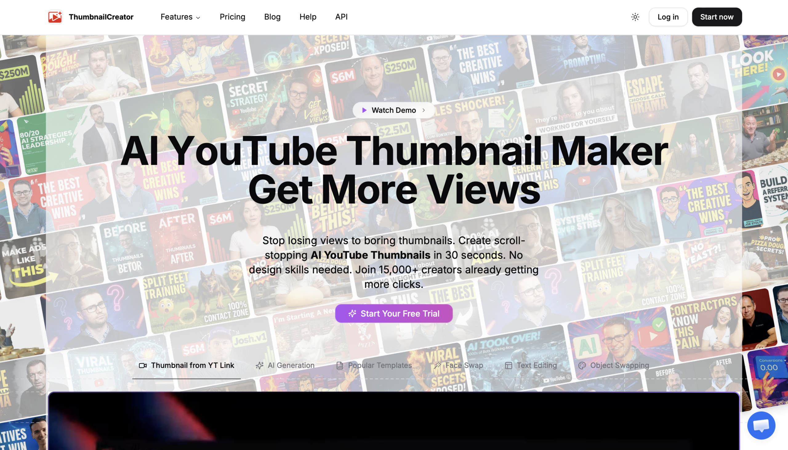 Interface utilisateur de l'outil ThumbnailCreator affichant les fonctionnalités de génération de miniatures par intelligence artificielle pour optimiser le CTR YouTube.