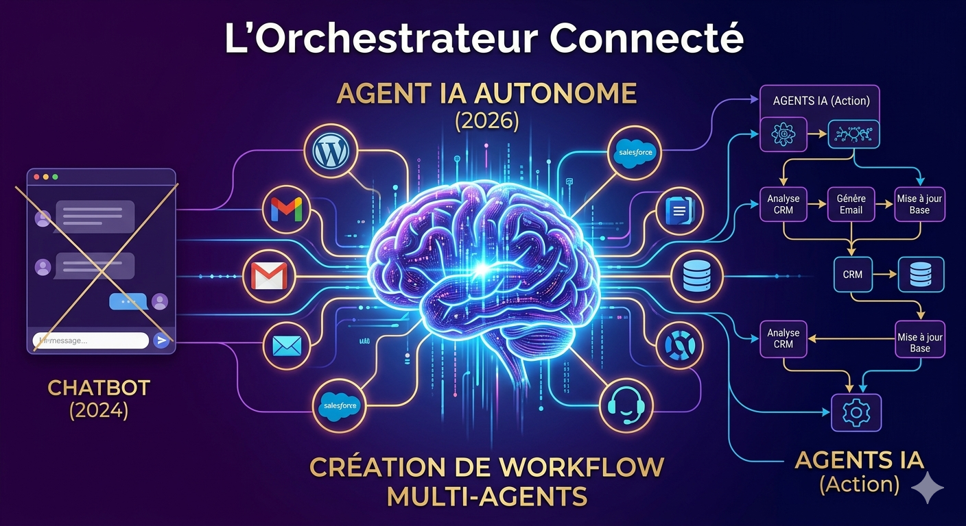 Workflow multi-agents IA vs chatbots classiques — Comparatif stratégique 2026