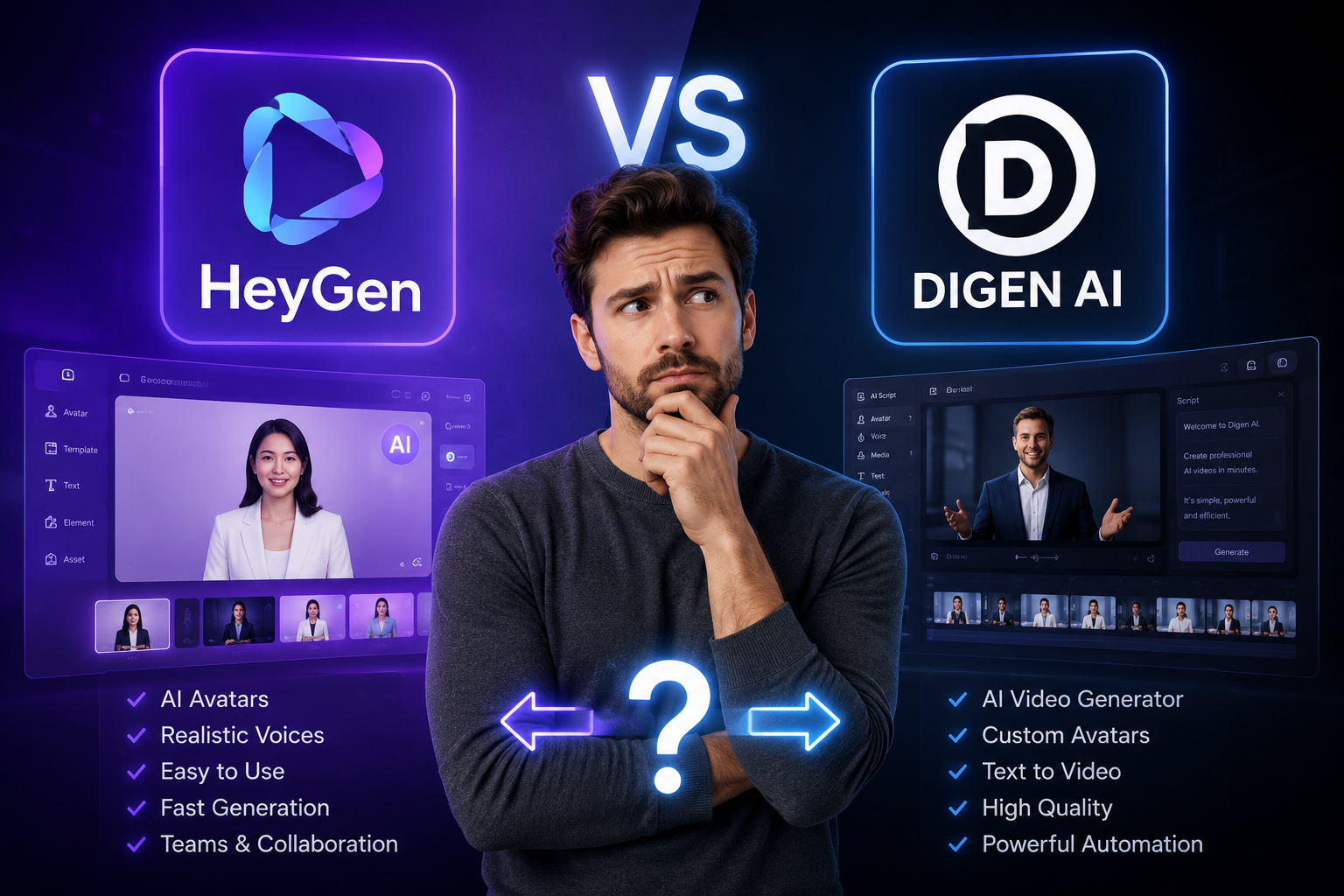 Digen AI vs HeyGen — Comparatif meilleur générateur avatar vidéo IA 2026