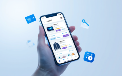 Comment l'IA Révolutionne le Shopping en Ligne en 2026 ? ChatGPT, Perplexity et plus Main tenant un smartphone affichant l'interface ChatGPT avec des recommandations de produits IA — laptop, veste et sneakers avec prix et avis étoiles.