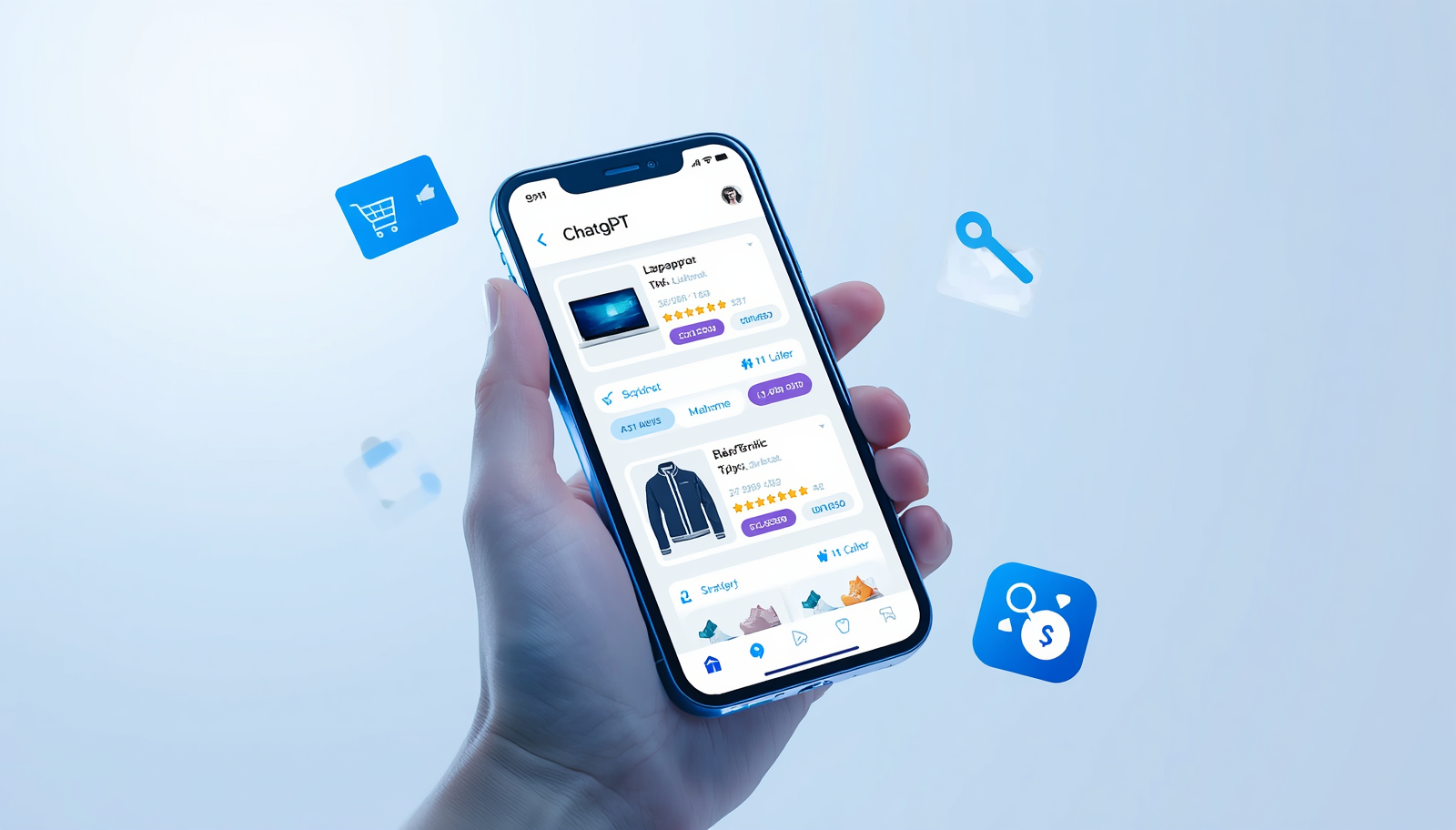Main tenant un smartphone affichant l'interface ChatGPT avec des recommandations de produits IA — laptop, veste et sneakers avec prix et avis étoiles