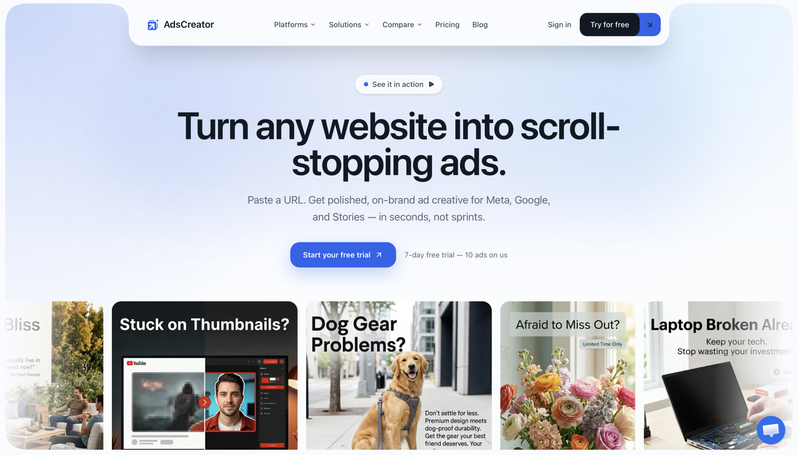 AdsCreator interface — création de publicités IA en 30 secondes pour Meta, Google, TikTok et LinkedIn 2026