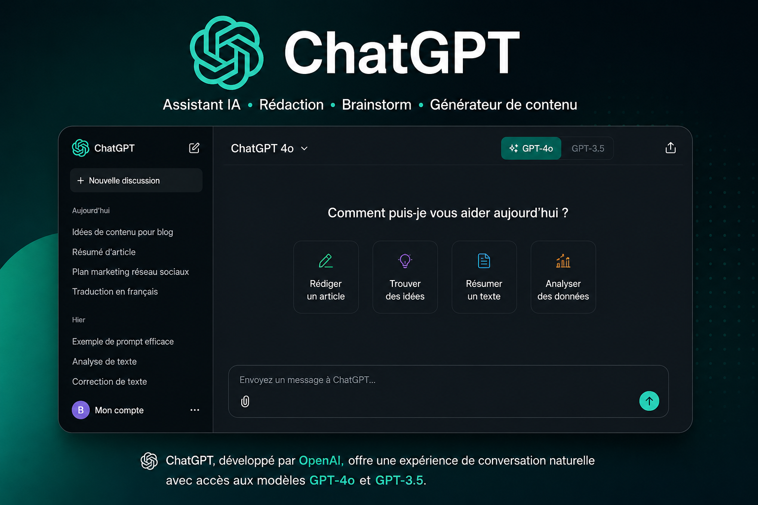 ChatGPT interface assistant IA: redaction texte, brainstorm, generateur contenu avec GPT-4o et calculateur tokens