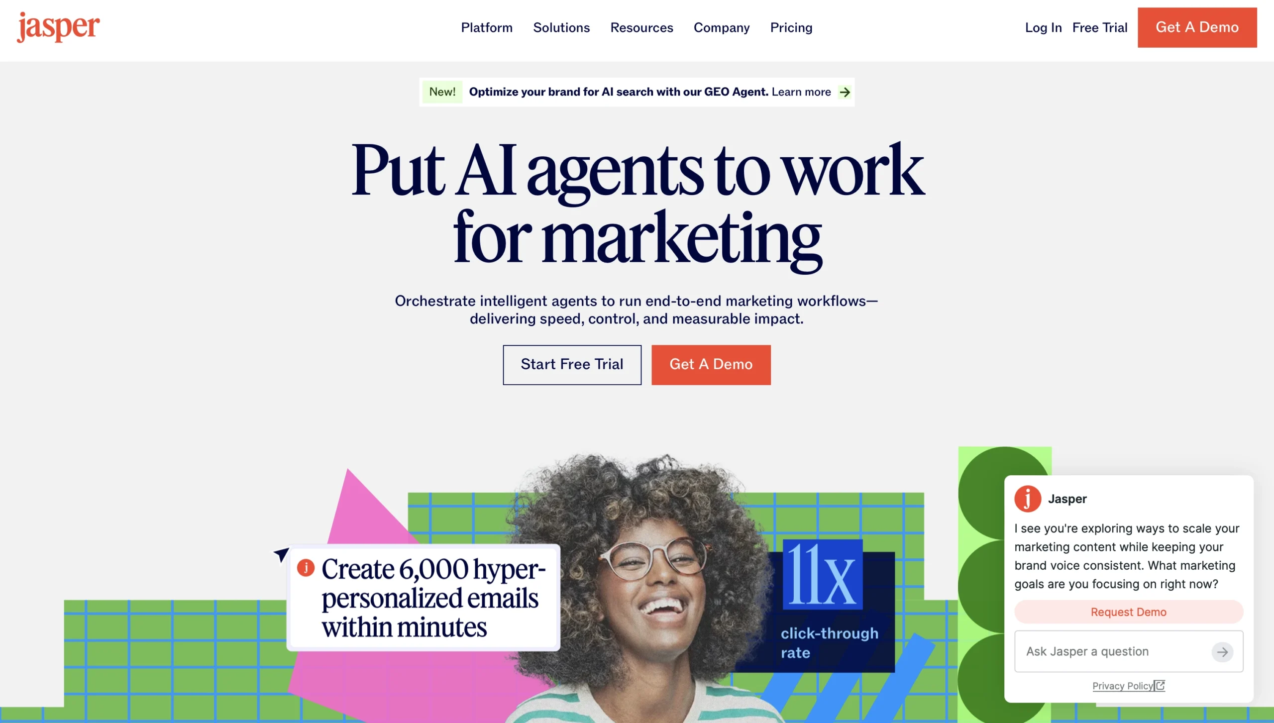 Jasper AI interface: assistant copywriting IA, 50+ modeles, redaction emails articles pages ventes