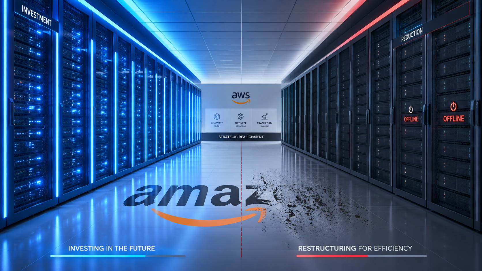 Infrastructure de data center Amazon AWS avec serveurs illuminés en bleu, symbolisant le paradoxe de la restructuration : investissements massifs en IA parallèles aux réductions d'effectifs dans la division AGI.