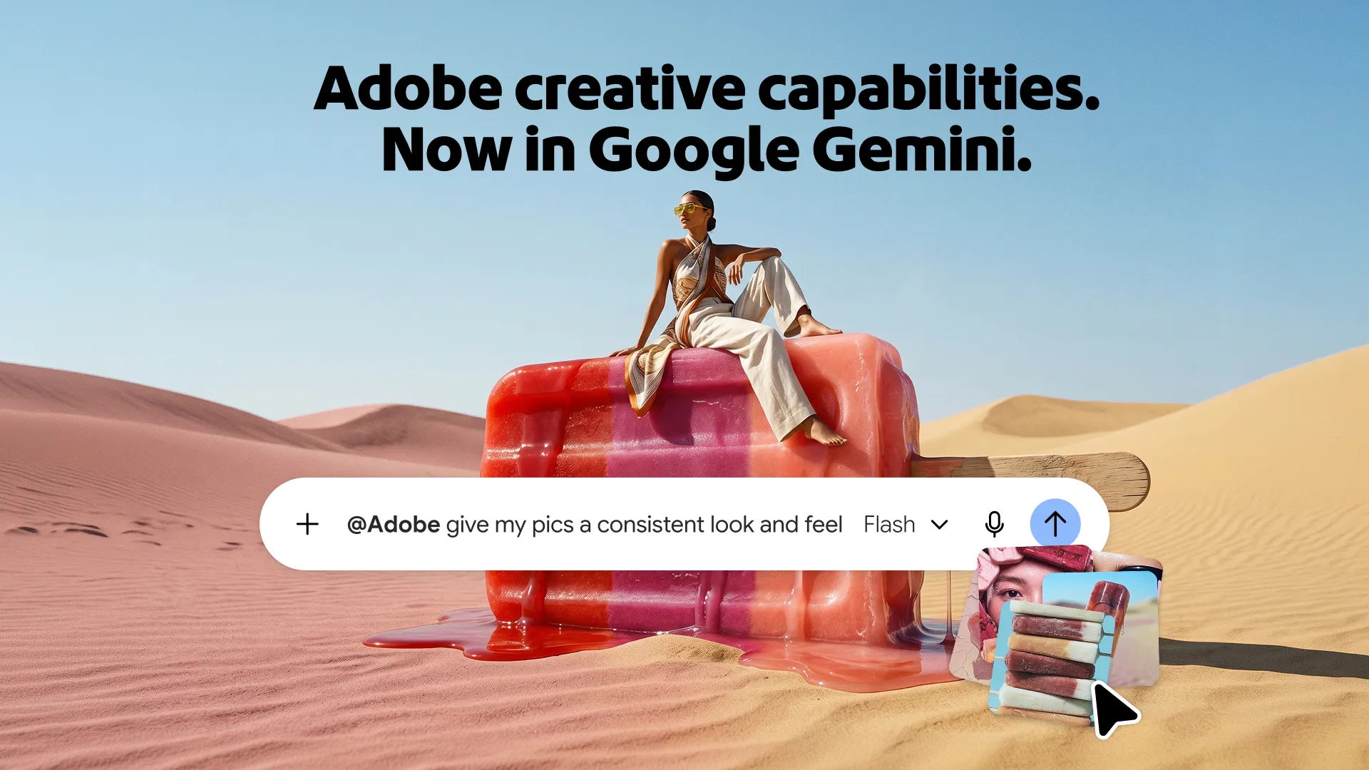 Adobe dans Gemini : la commande @Adobe dans la barre de chat Gemini pour retoucher des photos, visuel officiel du lancement d'Adobe in Gemini