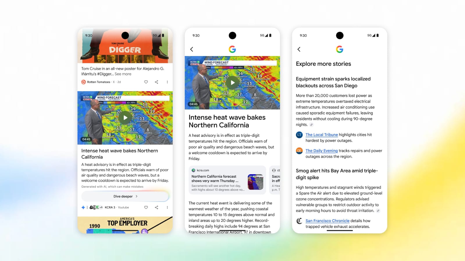 Google Dive Deeper feature showing AI-generated topic overview with links replacing direct publisher article in Google Discover feed